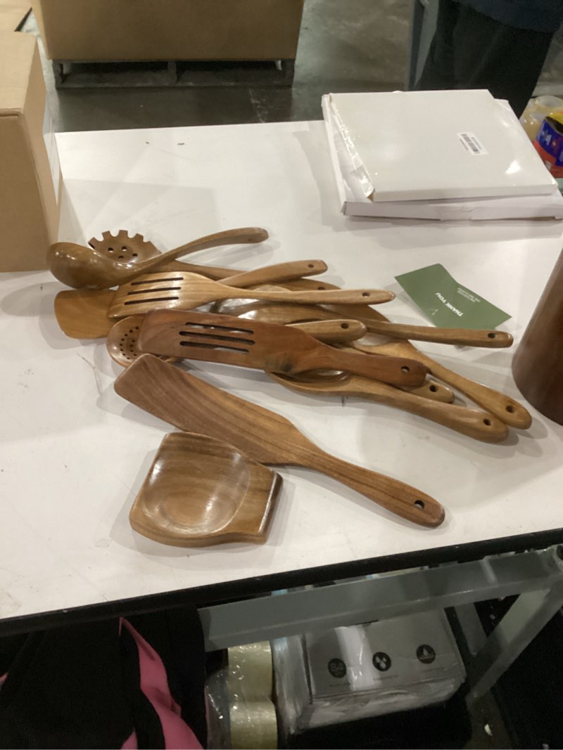 Condition photo showing Good Condition for Premium 8-Piece Teak Wood Cooking Utensil Set - Heat Resistant, Lightweight & Sturdy Wooden Spoons for Non-Stick Cookware - Ideal for Cooking, Stirring & Serving 13 pcs  Wooden Cooking Utensil Set
