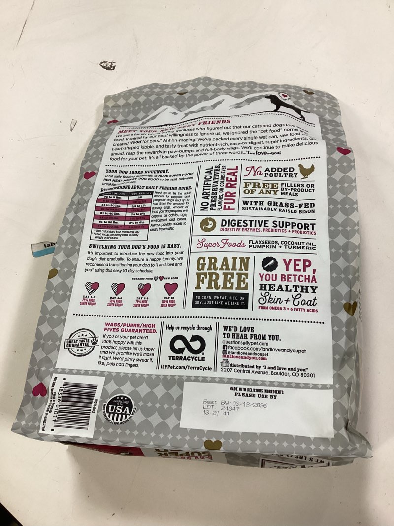 Condition photo showing New/Like New for (Best by 03/12/2026)I and love and you Nude Super Food Dry Dog Food - Red Meat Medley - Prebiotic + Probiotic, Grain Free, Real Meat, No Fillers, 5lb Bag Red Meat Medley 5 Pound (Pack of 1)
