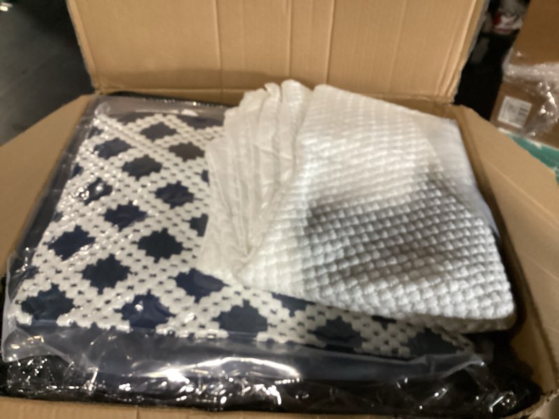 Condition photo showing Good Condition for madison park comforter cotton clipped jacquard, oversized comforters king size bed, all season down alternative overfilled king size comforter, essence, king/cal king, blue 9 piece blue king