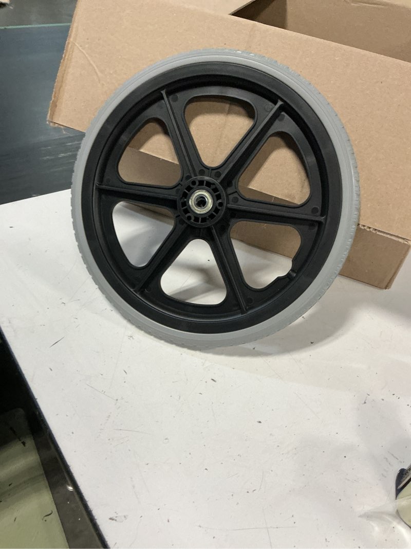 Condition photo showing As Is for wheelchair wheel 14 inch replacement rear wheel solid polyurethane foam tire non slip surface for manual wheelchairs transport trolleys heavy transport vehicles black