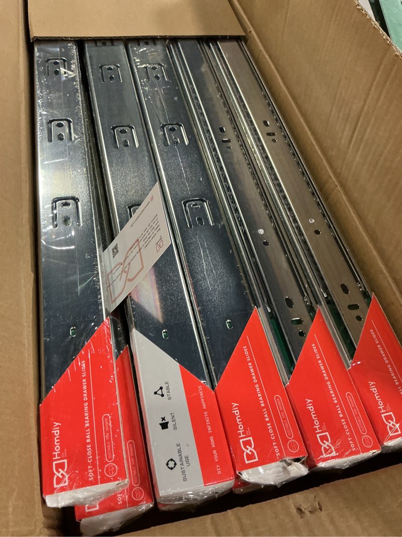 Condition photo showing New/Like New for homdiy 10 pairs soft close drawer slides 22 inch heavy duty side mount dresser cabinet rails metal ball bearing and full extension kitchen cabinet drawer runners 100 lb capacity 22 inch 10 pairs
