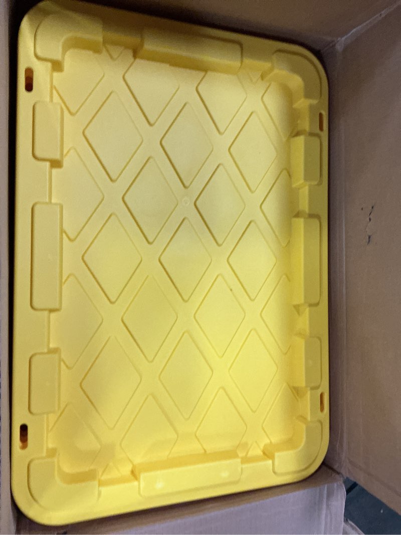 Condition photo showing Good Condition for sterilite 27 gallon clear industrial storage tote with yellow lily lid 50759y04 - 4/case