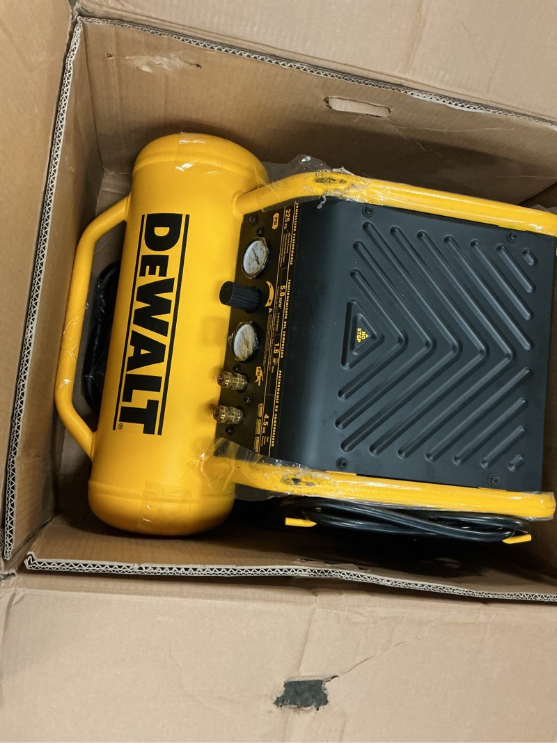 Condition photo showing As Is for dewalt 4.5-gallon portable electric 225 psi horizontal air compressor