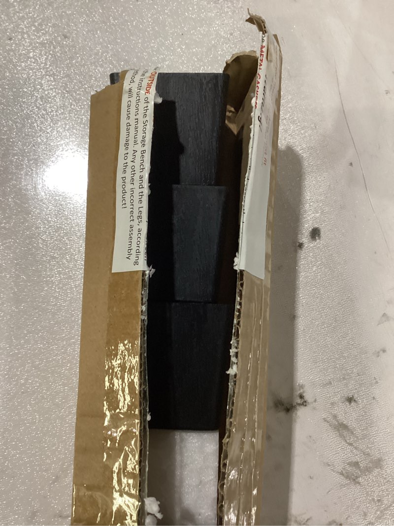 Condition photo showing As Is for Storage Ottoman Cube with Small Bin, 16-in Square Ottoman with Storage for Living Room and Bedroom, Small Ottomans Foot Rest, Faux Leather Foot Stools Ottomans Max 330lbs, Blue 04 - Blue Leather 15\"D x 15\"W x 15\"H (missing one leg)