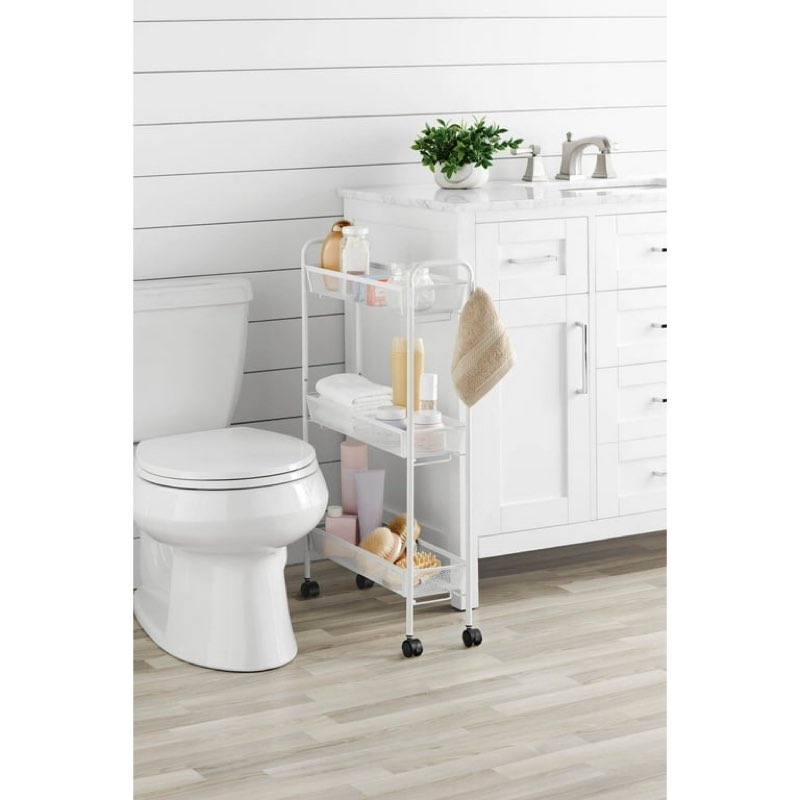mainstays 3-tier slim rolling bathroom storage cart with hooks, white