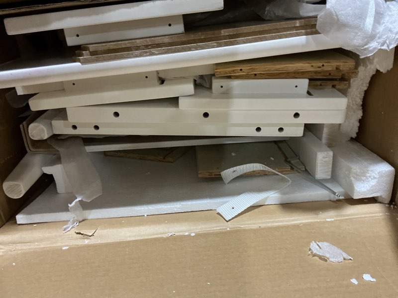 Condition photo showing As Is for Delta Children Callum 3 Drawer Dresser with Interlocking Drawers, Bianca White/Natural