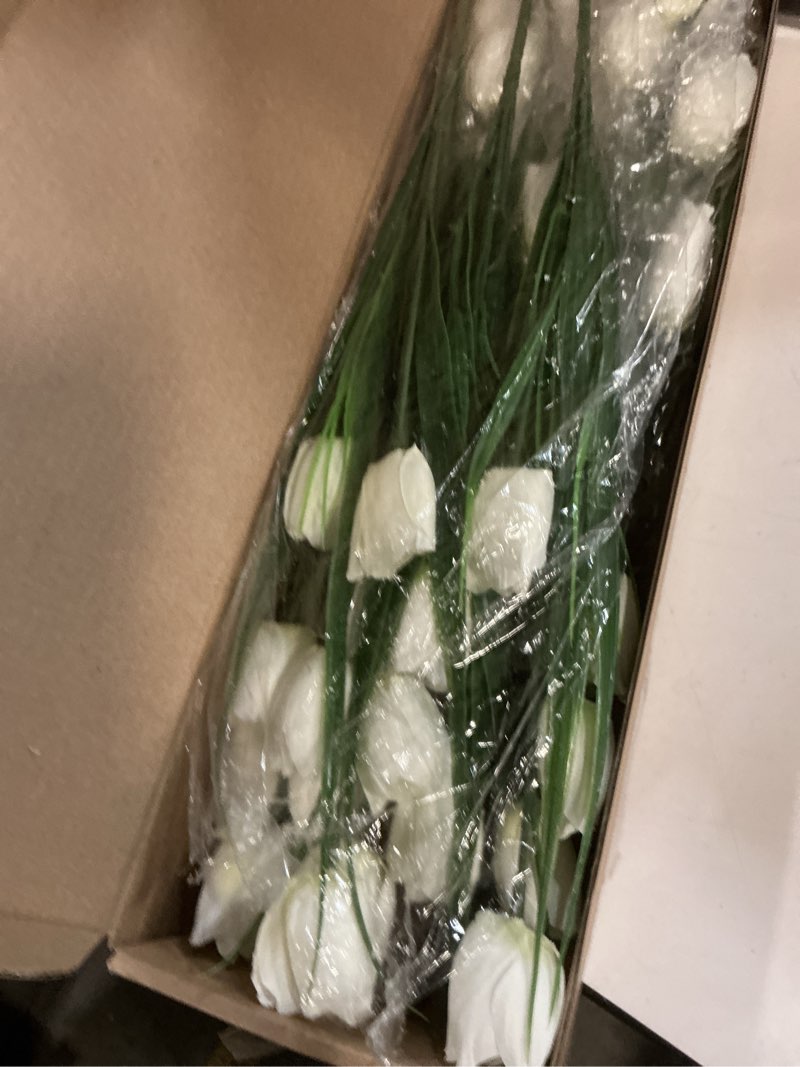 Condition photo showing Good Condition for 8 Bundles Outdoor Artificial Tulips Fake Flowers UV Resistant Faux Plastic Greenery Shrubs Plants for Home Outside Garden Porch Window Farmhouse Decor (White)