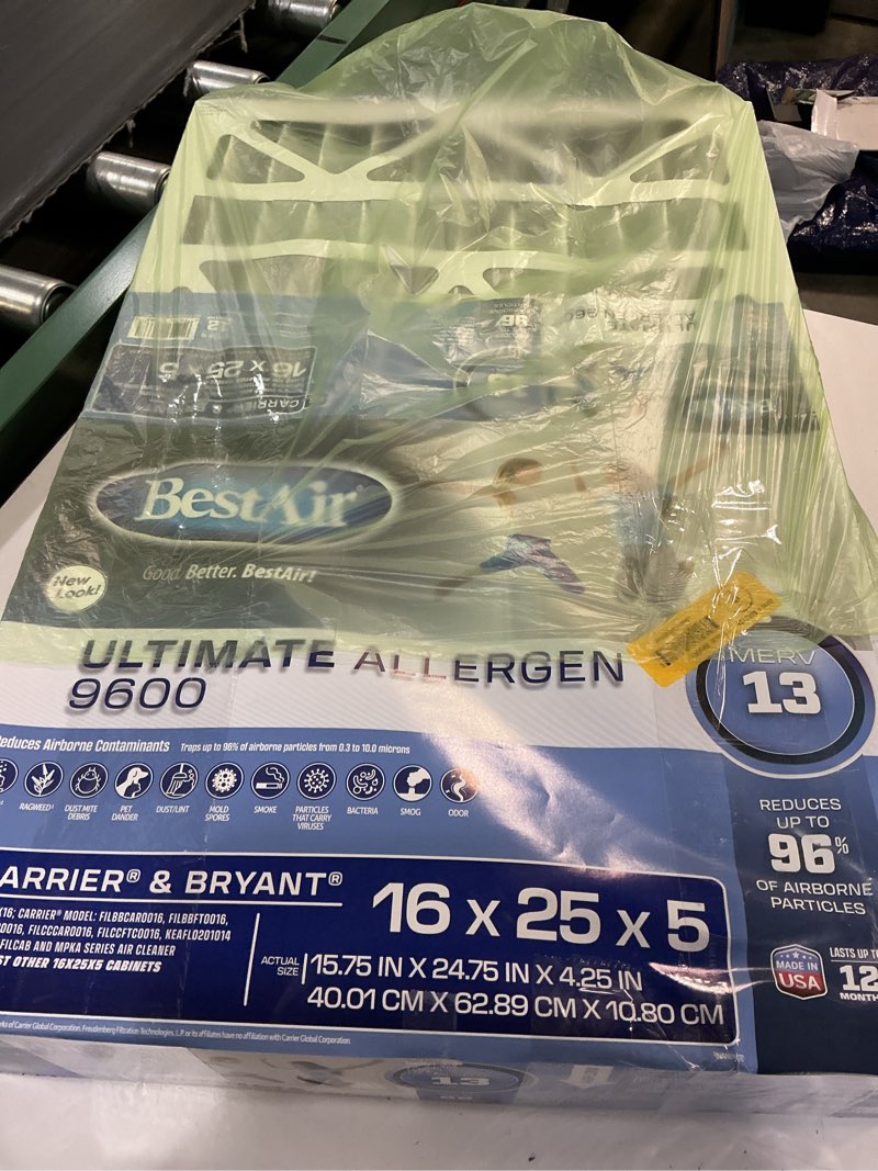 Condition photo showing As Is for bestair 1pk 16\" x 25\" x 5\" carrier/bryant replacement air furnace filter merv 13: 5 inch electrostatic, epa certified