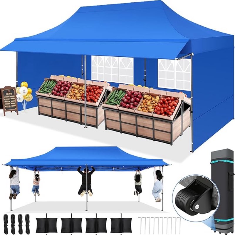 COBIZI 10x20 Pop Up Canopy Tent Heavy Duty with Sidewalls, Outdoor Commercial Canopy with Awning, Waterproof&45 SF Extended Awning, Vendor Tent for Market, Party Events, Blue
