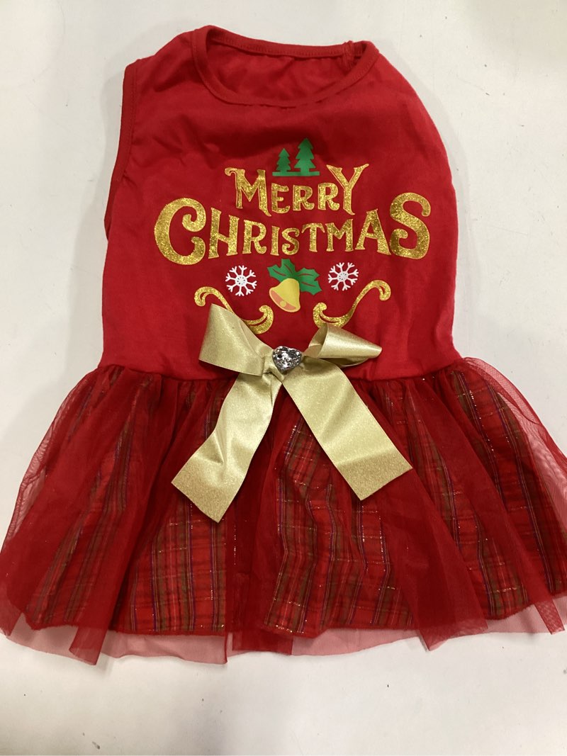 Condition photo showing Good Condition for cyeollo Christmas Dog Dress Holiday Theme Plaid Dog Dresses with Bowtie Doggie Outfits Girl Pet Clothes for Small Dogs
