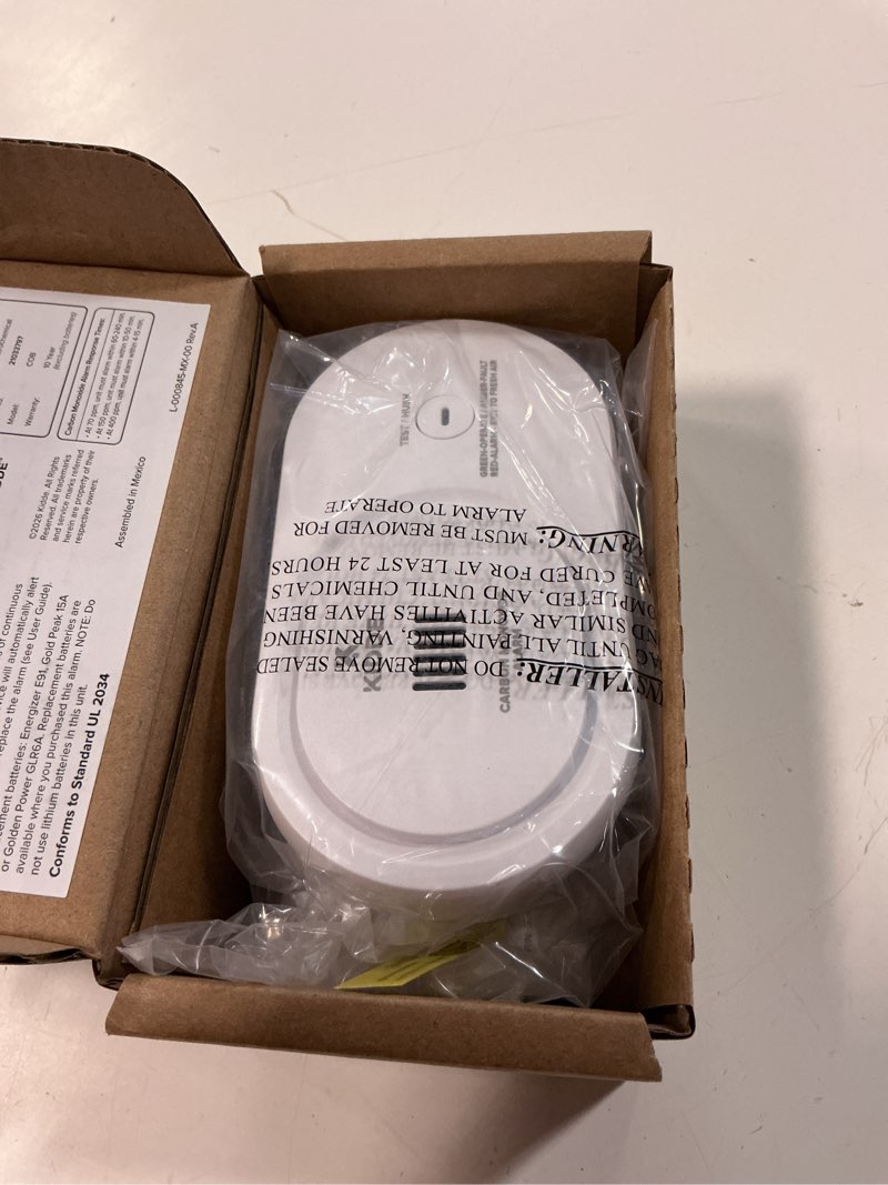 Condition photo showing New/Like New for kidde carbon monoxide detector, aa battery powered, portable for travel or home, 85 db alarm, led status light indicators, 5th edition, cob