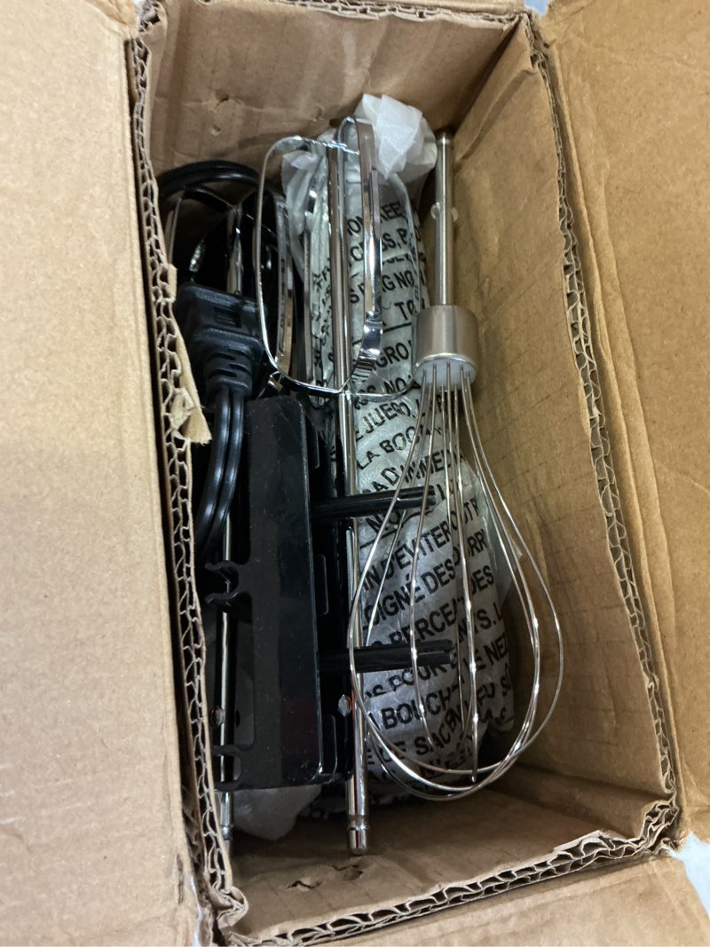Condition photo showing Good Condition for hamilton beach electric hand mixer, 6 speeds + stir button, 300 watts of peak power for powerful mixing, includes whisk and storage clip, black (62628)