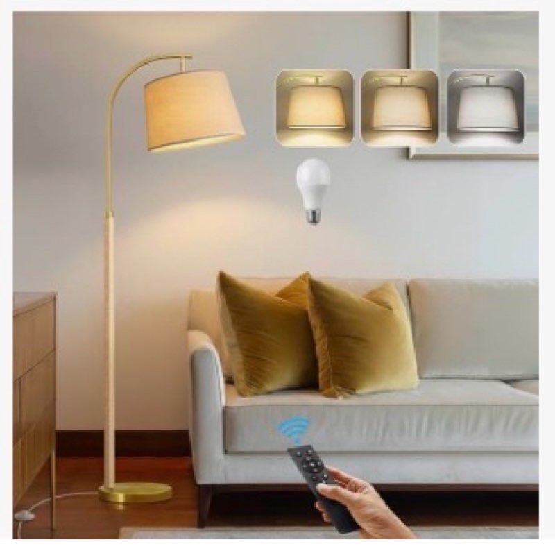 63" Wood Floor Lamp for Living Room Dimmable Standing Lamp with Remote & Foot Switch, 3 Color Temper