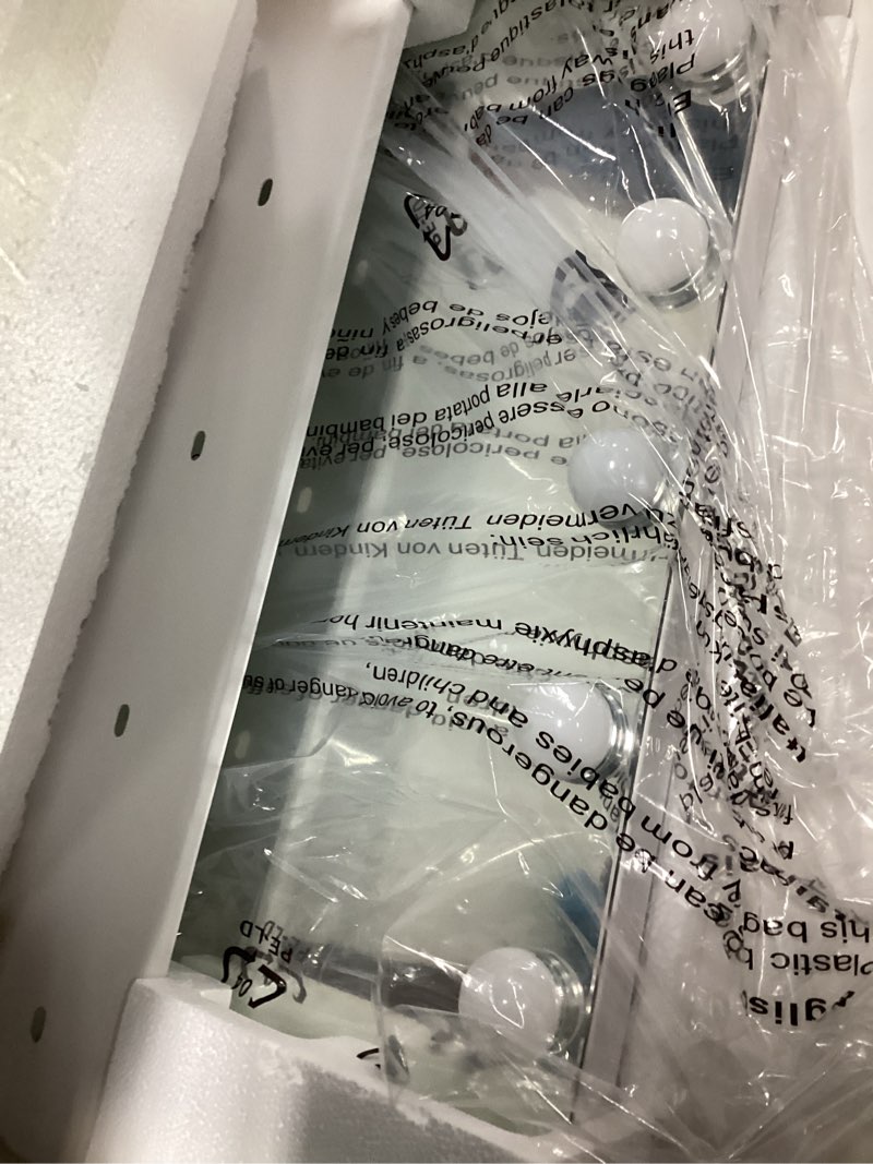 Condition photo showing Good Condition for Moonee Vanity Mirror with Lights, Hollywood Lighted Makeup Mirror with 15 Dimmable Bulbs and 10X Magnification, 3 Colors Modes, Aluminum Metal Frame, Light Up Mirror for Tabletop or Wall?23" x 18"? White 23"L x 18"W