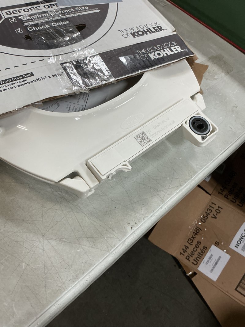 Condition photo showing As Is for KOHLER 4639-RL-0 Cachet ReadyLatch Round Toilet Seat Soft Close, White White Round Ready Latch