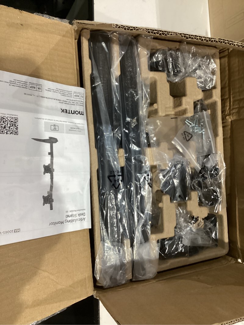 Condition photo showing Good Condition for montek stable stacked dual monitor stand, heavy-duty vertical monitor mount for 17-32 inch screen, full motion arm with tilt, swivel, rotation, up to 22 lbs per arm, solid v-shaped base, vesa 100×100