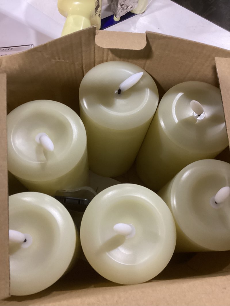 Condition photo showing New/Like New for Flameless Candles Battery Operated with Remote and 2/4/6/8 H Timer, 6pcs Flickering Fake Electric Candles for Festival Home Party Decor (D3 x H 6") (Ivory)