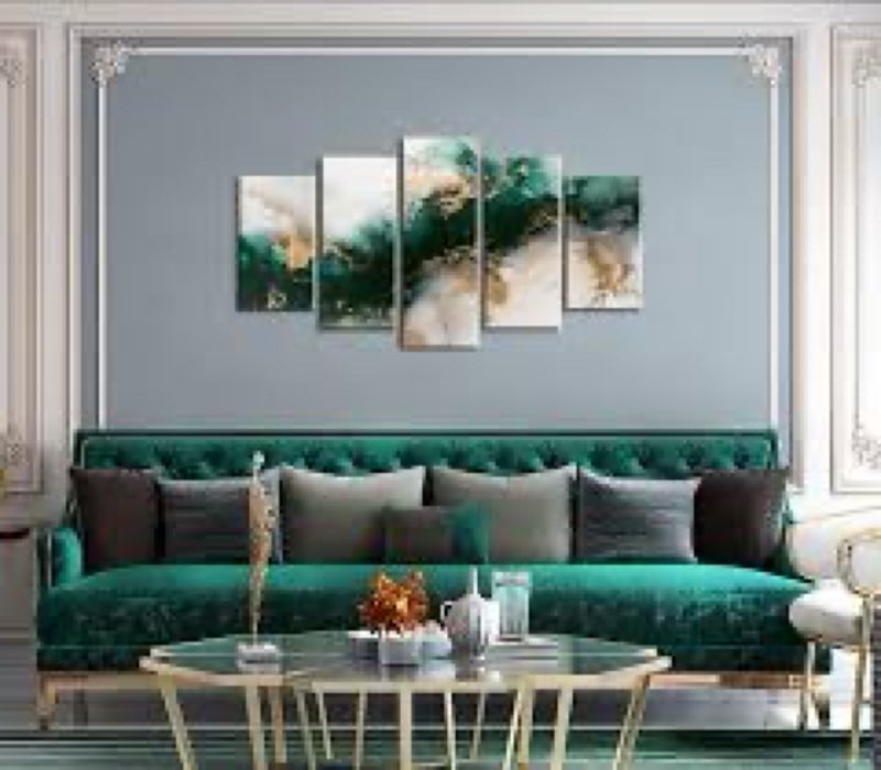 5 piece canvas wall art prints - large framed green abstract textured art for living room, emerald g