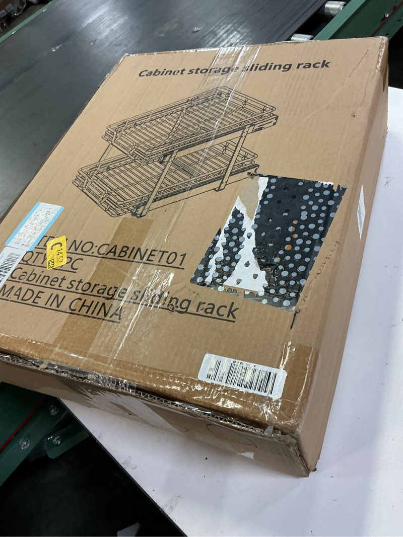 Condition photo showing New/Like New for 2-tier kitchen cabinet pull out shelf and drawer organizer slide out pantry storaqe basket in multiple sizes (18" w x 21" d)