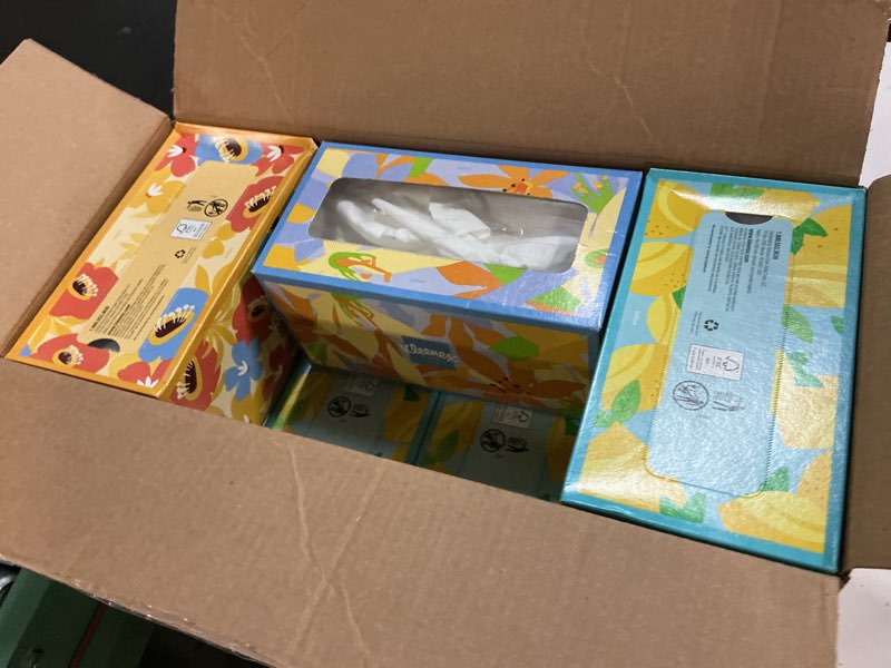 Condition photo showing As Is for Kleenex Lotion Facial Tissues with Coconut Oil, 8 Flat Boxes, 180 Tissues Per Box, 3-Ply White 180 Tissues (Pack of 8)