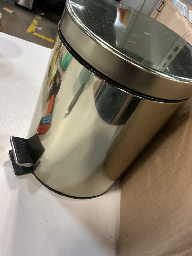 Condition photo showing As Is for mdesign small modern 1.3 gallon round metal lidded step trash can, compact garbage bin with removable liner bucket and handle for bathroom, kitchen, craft room, office, garage - soft brass, 5 liter ) small