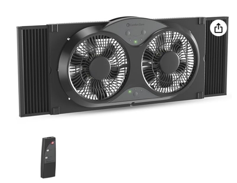 comfort zone 9-inch reversible twin window fan with remote control – 3-speed dual blade fan with exhaust, cooling & circulate modes, expandable width 23.5" to 37", removable bug screen & tabletop feet black 3-speed w/remote