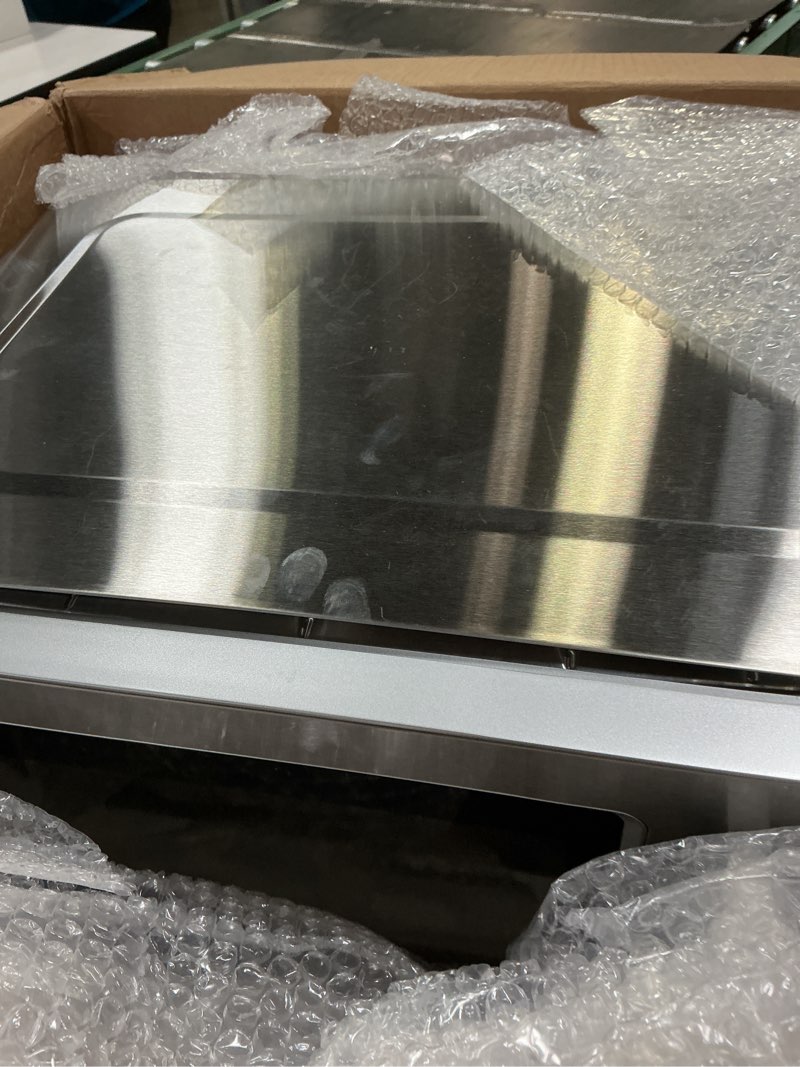 Condition photo showing As Is for Chefman Countertop Microwave Oven 1.1 Cu. Ft. Digital Stainless Steel Microwave 1000 Watts with 6 Auto Menus, 10 Power Levels, Eco Mode, Memory, Mute Function, Child Safety Lock, Easy Clean