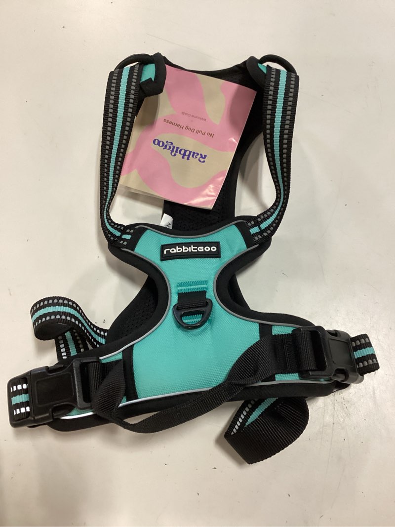 Condition photo showing New/Like New for rabbitgoo dog harness no pull with 2 leash clips, adjustable soft padded, reflective oxford no choke pet vest with easy control handle for large dogs, turquoise, l large turquoise