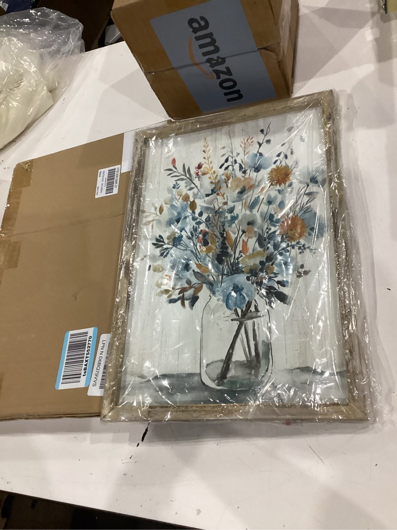 Condition photo showing New/Like New for abstract flower wooden wall art: gray blue floral blossom picture rustic botanical prints framed for bathroom (11”w x 16”h, multi-sized/material) 11"l x 16"w white-wood