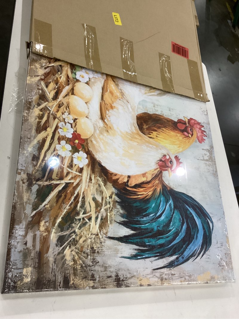 Condition photo showing New/Like New for KREATIVE ARTS Farmhouse Chicken Picture Canvas Wall Art for Kitchen Dining Room Rustic Rooster with Fresh Eggs Framed 24x32 Inch Hen and Hatching Chicks Painting Ready to Hang