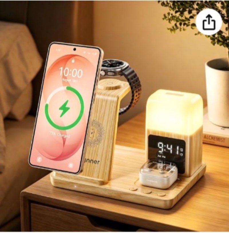 6 in 1 wireless charging station for samsung android with clock & night light,alarm clocks for bedro