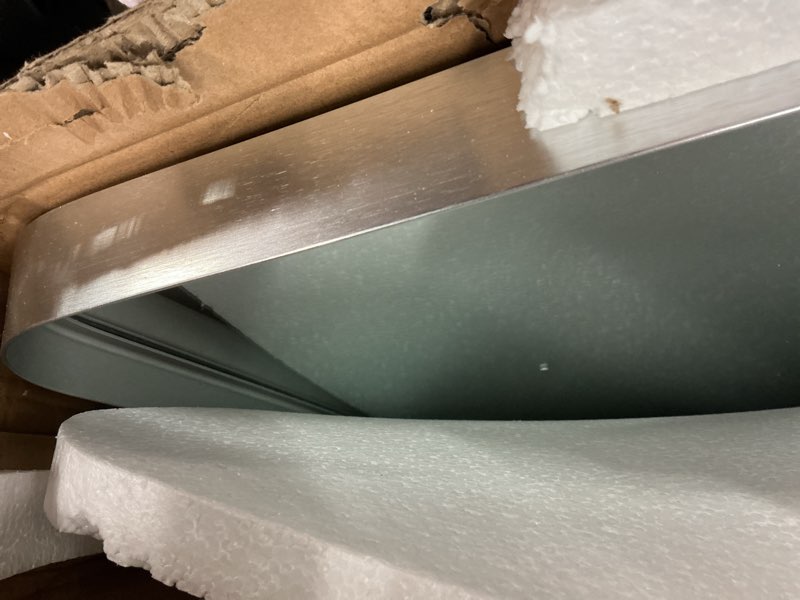 Condition photo showing New/Like New for 71''x30'' Large Arched Full Length Mirror, Floor Standing Stylish Full Body Mirror with Rounded Corners for Home Decor, Aluminum Alloy Frame Hanging Mirror for Wall Silver-arched Deep Frame 71"L x 30"W