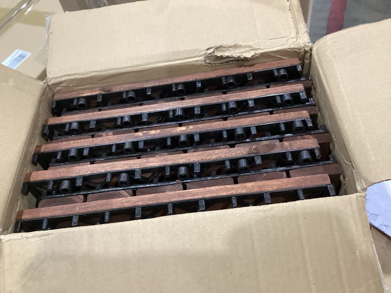 Condition photo showing Good Condition for 9pcs acacia wood interlocking patio deck tiles, 12 x 12 x 0.9 inch outdoor flooring, waterproof for all-weather use – striped, dark brown dark brown - striped