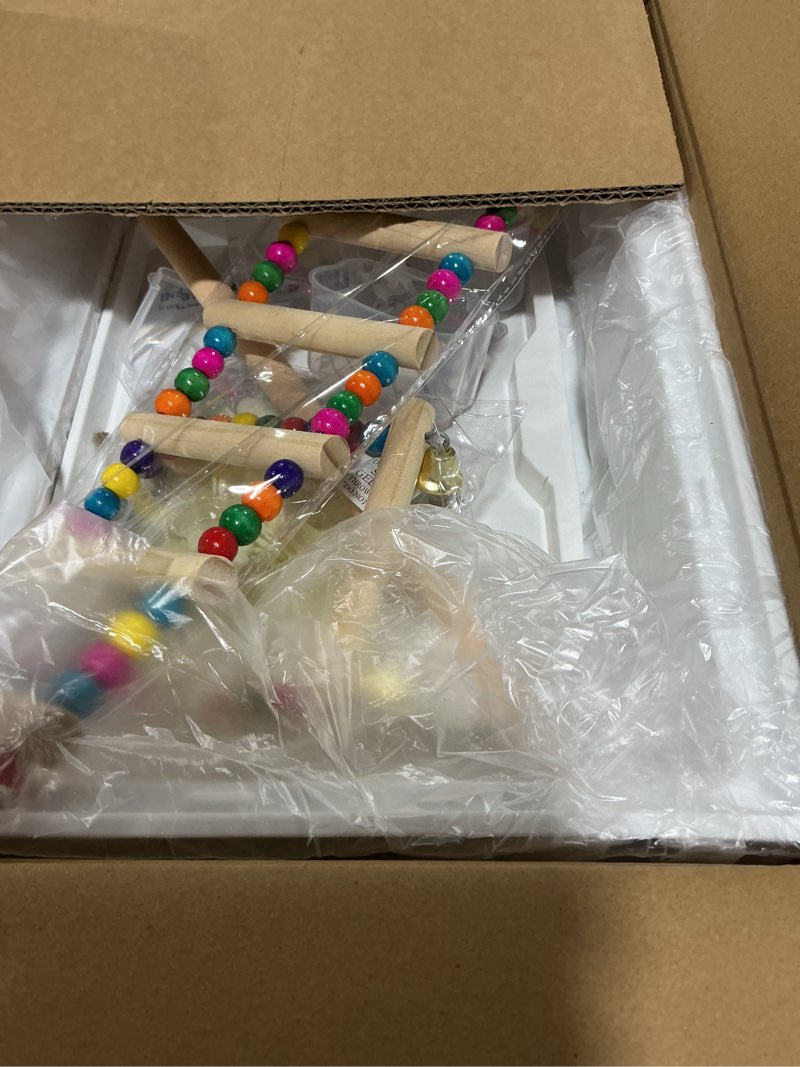 Condition photo showing Good Condition for basic bird cage, 24.8inch parrot cage (24.8" x 14.6" x 11"),bird cage with ladder, horizontal bar, 2 feeders, and swing
