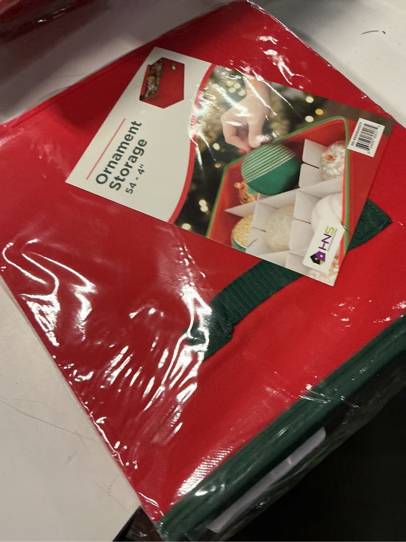 Condition photo showing New/Like New for christmas ornament storage container with dividers - box stores up to 54 ornaments, zippered, convenient, adjustable, large organizer bin to protect holiday décor, fits most standard size, red 54 ornaments red