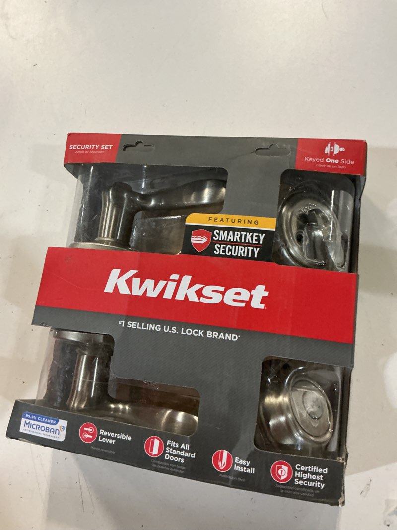 Condition photo showing Good Condition for kwikset 991 tustin entry lever and single cylinder deadbolt combo pack featuring smartkey in satin nickel, model number: 99910-040