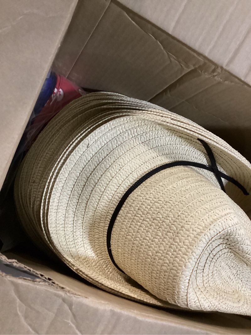 Condition photo showing New/Like New for Coume 24 Sets Straw Cowboy Hats and Bandanas in Bulk Cowboy Cap Head Bandana Costume for Adult Summer Halloween Party Retro Style Beige