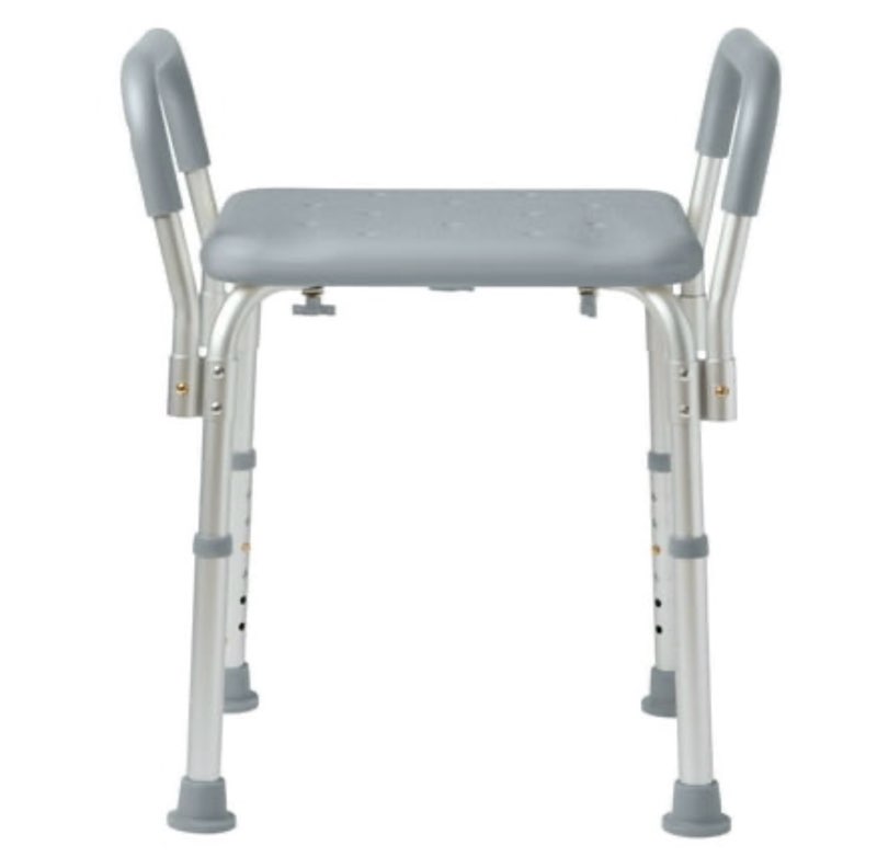 medline bath bench with padded armrests  height adjustable shower seat  350 lb. weight capacity  gray