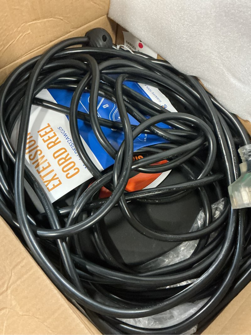 Condition photo showing As Is for giraffe tools retractable power cord reel, 50ft 12awg/3c sjt heavy duty extension cord storage reel wall/ceiling mount for garage with lighted triple tap