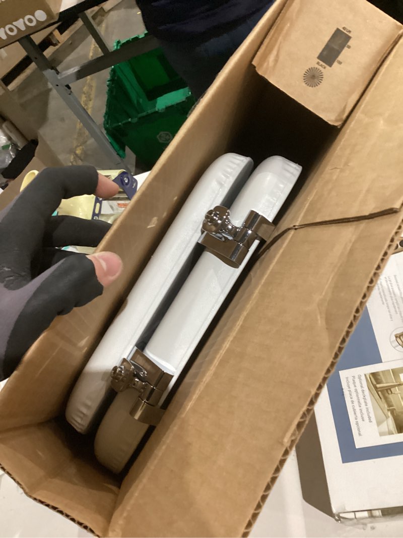 Condition photo showing As Is for Mayfair Padded Toilet Seat with Chrome Hinges, Soft Vinyl over Wood Core Seat, Made in USA, Round, White Elongated Seat