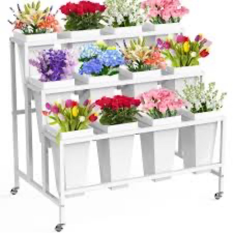 MILEFA Flower Display Stand with 12 Buckets, 3 Layers Flower Bar, White Metal Plant Stand with Wheel