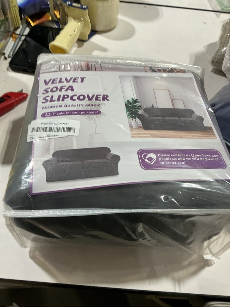 Condition photo showing Good Condition for weerrw velvet couch covers for 2 cushion couch sofa - high stretch luxury velvet plush 3 pieces sofa slipcovers with elastic bottom, furniture protector for pets, machine washable, dark grey, medium medium dark grey