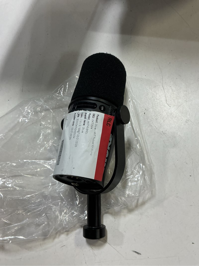 Condition photo showing As Is for shure mv7+ podcast dynamic microphone with stand. obs certified, enhanced audio, led touch panel, usb-c & xlr outputs, auto level mode, digital pop filter, podcasting, streaming, recording - black