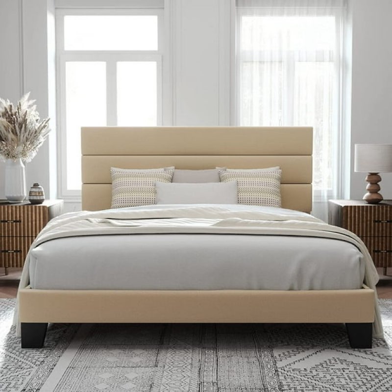  allewie king size platform bed frame with fabric headboard/fully upholstered mattress foundation, no box spring needed, beige