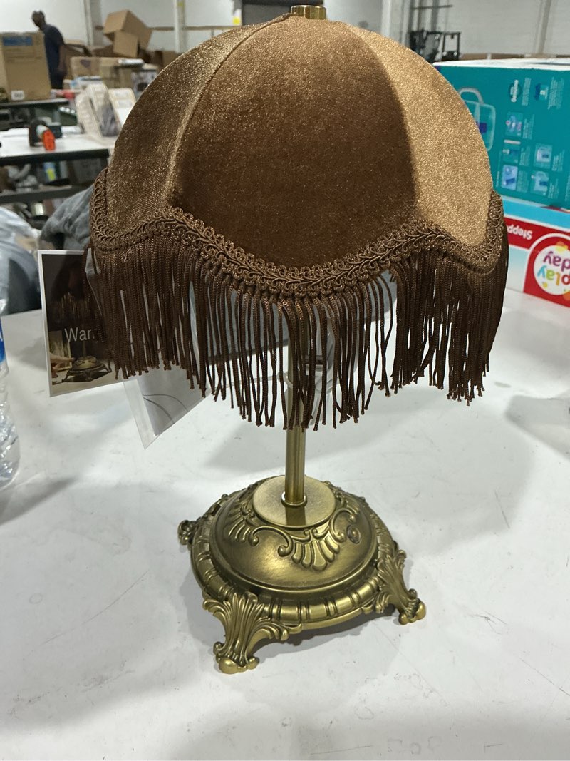 Condition photo showing As Is for home decor collection sterling & noble home brown velvet fringe victorian style rechargeable table lamp