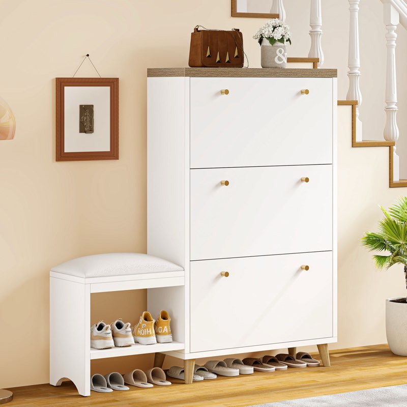 Modern Narrow Hidden Shoe Storage Cabinet Organizer With Bench For Entryway With 3 Flip Drawer