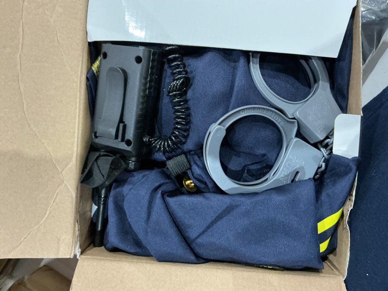 Condition photo showing Good Condition for police officer costume for kids, cop costume outfit set with toy accessories, halloween costumes for boys gold cap l(8-10y)