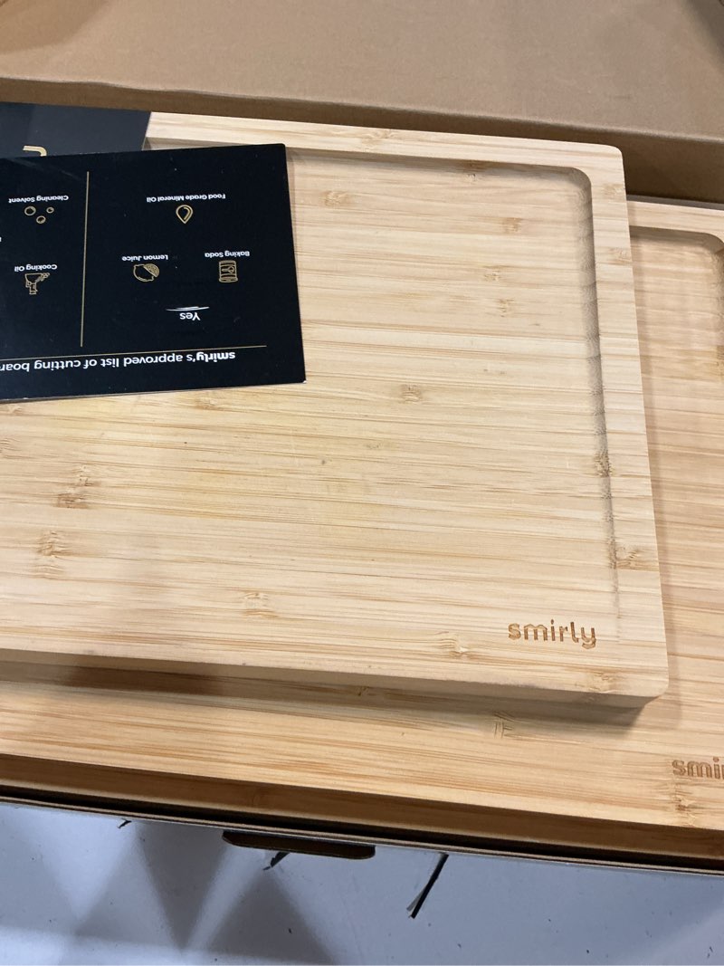 Condition photo showing New/Like New for SMIRLY Wooden Cutting Boards For Kitchen Meal Prep & Serving - Bamboo Cutting Board Set with Holder, Charcuterie & Chopping Board, Wood Cutting Board Set, Kitchen Gadgets 3 Pack With Holder Natural Bamboo