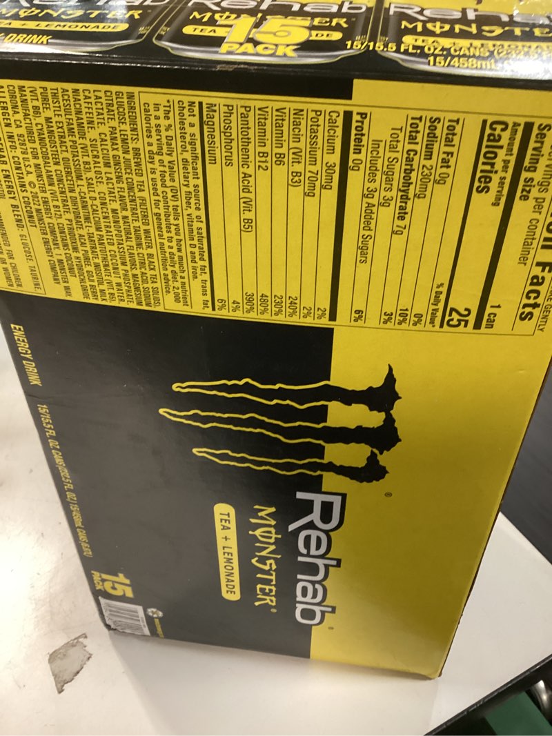 Condition photo showing New/Like New for monster rehab tea + lemonade + energy, energy drink 15.5 ounce | energy iced tea, pack of 15 tea + lemonade 15 pack