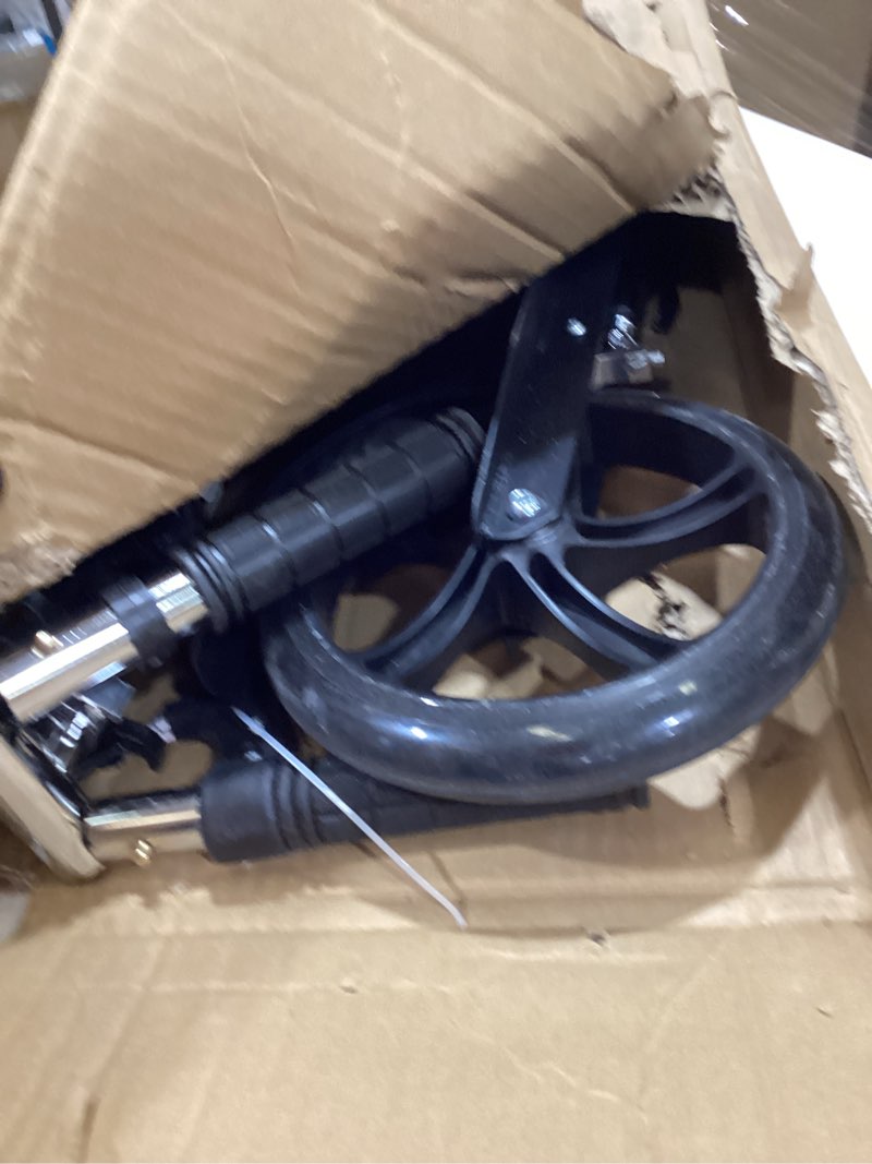 Condition photo showing As Is for scooters for kids 8-12, teens & adults - lightweight, foldable, 8-inch big wheels, hand brake & bell, 4 adjustable height levels, 240 lbs max load, perfect for school, campus and park rides black